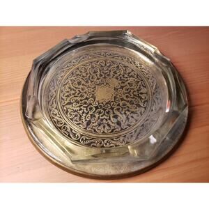 Antique Moroccan Brass & Glass Ashtray Base Engraved